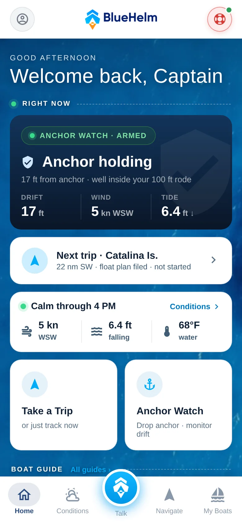 BlueHelm v2 design preview, home screen: Welcome back, Captain over open water — an Anchor Watch Armed card reading Anchor Holding with drift, wind, and tide, the next trip to Catalina Island, and a calm-through-4-PM conditions summary.