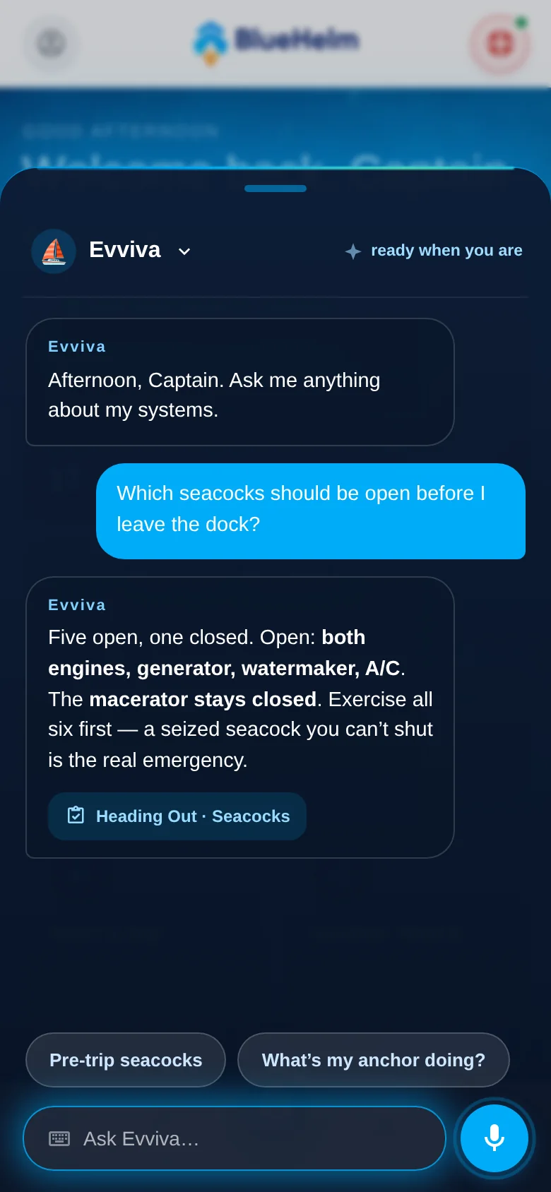 BlueHelm v2 design preview, Talk sheet: a conversation with the boat's onboard AI — asked which seacocks should be open before leaving the dock, it answers from the vessel's own systems guide.